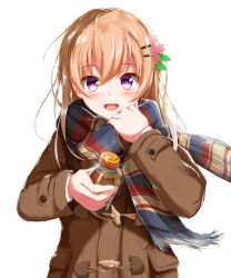 Rule 34 | 1girl, bad id, bad twitter id, blush, bottle, brown coat, brown hair, coat, gochuumon wa usagi desu ka?, hair ornament, hairclip, highres, holding, holding bottle, hoto cocoa, long sleeves, looking at viewer, multicolored clothes, multicolored scarf, open mouth, purple eyes, scarf, short hair, simple background, smile, solo, upper body, white background, ysys