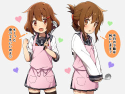 Rule 34 | 2girls, anchor symbol, apron, black legwear, blush, breasts, brown eyes, brown hair, fang, folded ponytail, grey background, hair ornament, hairclip, heart, highres, holding, ikazuchi (kancolle), inazuma (kancolle), jabittoson, kantai collection, ladle, long sleeves, multiple girls, open mouth, pink apron, pleated skirt, ponytail, red neckwear, sailor collar, school uniform, serafuku, short hair, sidelocks, simple background, skin fang, skirt, speech bubble, thighhighs, translation request