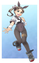 Rule 34 | 1girl, absurdres, adapted costume, alto-00, animal ears, ayanami (kancolle), blue background, blush, border, brown hair, brown leotard, brown pantyhose, brown sailor collar, covered navel, full body, gradient background, green eyes, grey footwear, highres, kantai collection, leotard, leotard under clothes, long hair, neckerchief, open mouth, pantyhose, playboy bunny, rabbit ears, rabbit tail, sailor collar, school uniform, serafuku, shirt, short sleeves, side ponytail, smile, solo, tail, white border, white shirt, wrist cuffs