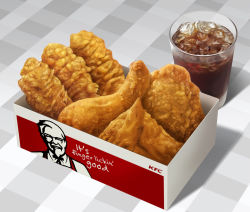 Rule 34 | box, cola, colonel sanders, cup, drink, english text, food, food focus, fried chicken, ice, ice cube, kfc, realistic, simple background, soda, still life, toshi (hokkaido2015)