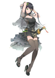 Rule 34 | 1girl, absurdres, arms up, belt, black belt, black dress, black footwear, black hair, black thighhighs, blush, bodhi wushushenghua, bracelet, breasts, china dress, chinese clothes, chinese commentary, commentary request, dress, full body, green eyes, hair ornament, high heels, highres, jacket, jewelry, large breasts, long hair, looking at viewer, original, parted lips, see-through, sheath, sheathed, short dress, short sleeves, simple background, solo, sword, thighhighs, very long hair, weapon, white background