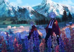 Rule 34 | 2girls, androgynous, animal, blue eyes, commentary request, day, flower, from side, grass, highres, kneeling, mountain, multiple girls, nature, original, outdoors, headpat, profile, scenery, sheep, sky, standing, sumi (pixiv619693), tree