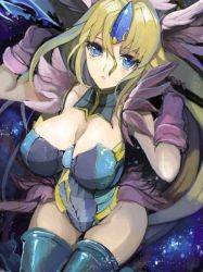 Rule 34 | 1girl, bad id, bad twitter id, blonde hair, blue eyes, blush, breasts, cleavage, gloves, large breasts, long hair, looking at viewer, parted lips, polearm, pupps, riesz, seiken densetsu, seiken densetsu 3, solo, spear, thighhighs, weapon