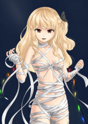 Rule 34 | 1girl, absurdres, bandages, black ribbon, blonde hair, blue background, breasts, cleavage, collarbone, commentary request, cowboy shot, crystal, flandre scarlet, hair ribbon, highres, long hair, midriff, naked bandage, navel, one side up, open mouth, red eyes, revealing clothes, ribbon, simple background, small breasts, touhou, user gape3888, wings