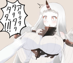 Rule 34 | 10s, 1boy, 1girl, abyssal ship, admiral (kancolle), blurry, breasts, detached sleeves, dress, horns, kantai collection, kurono nekomaru, large breasts, long hair, personification, red eyes, ribbed dress, seaport princess, silver hair, single horn