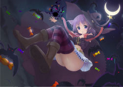 Rule 34 | 1girl, :p, aoi shiori, bat (animal), belt, blush, candy, cape, cloud, commentary request, crescent moon, flying, food, full body, hat, looking at viewer, magia record: mahou shoujo madoka magica gaiden, mahou shoujo madoka magica, midriff, misono karin, moon, night, purple eyes, purple hair, ribbon, shadow ball, short hair, soul gem, striped clothes, striped thighhighs, thighhighs, thighs, tongue, tongue out, witch hat
