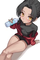 Rule 34 | 1girl, absurdres, aoi riko, black hair, black shirt, black shorts, blue archive, blush, bottle, breasts, dark-skinned female, dark skin, feet out of frame, highres, holding, holding bottle, japanese clothes, long hair, looking at viewer, open mouth, ponytail, rickshaw student (blue archive), shirt, shorts, simple background, sitting, small breasts, solo, sweat, undershirt, water bottle, white background, yellow eyes