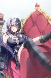 Rule 34 | 1girl, absurdres, asymmetrical legwear, black camisole, black hair, book, breasts, camisole, choker, cleavage, coat, couch, dotthebot, fur trim, grey hair, grin, hair ornament, highres, hololive, hololive english, large breasts, looking at viewer, mismatched legwear, multicolored hair, off shoulder, shaded face, shiori novella, shiori novella (1st costume), sitting, smile, solo, striped clothes, striped thighhighs, thighhighs, two-tone hair, virtual youtuber, yellow eyes