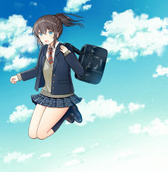 Rule 34 | 1girl, :d, bad id, bad pixiv id, bag, black socks, blazer, blue eyes, blue jacket, blue skirt, blue sky, blush, brown footwear, brown hair, brown sweater, cloud, collared shirt, commentary request, day, diagonal-striped clothes, diagonal-striped necktie, diagonal-striped neckwear, hair between eyes, jacket, kneehighs, kurata rine, loafers, long hair, midair, necktie, open clothes, open jacket, open mouth, original, outdoors, plaid, plaid skirt, pleated skirt, ponytail, red necktie, school bag, shirt, shoes, sidelocks, skirt, sky, smile, socks, solo, striped clothes, striped necktie, striped neckwear, sweater, white shirt
