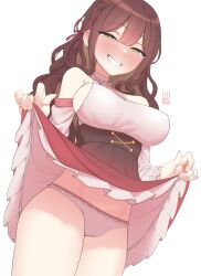 Rule 34 | 1girl, absurdres, bare shoulders, blush, braid, breasts, brown hair, clothes lift, commentary, dress, dress lift, english commentary, green eyes, grin, highres, jewelry, kijikoru, large breasts, long hair, looking at viewer, miori celesta, naughty face, panties, ring, sideboob, smile, solo, tsunderia, underwear, virtual youtuber, wavy hair, white background