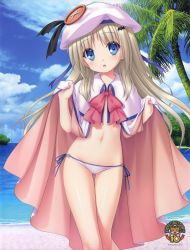 Rule 34 | 1girl, absurdres, bikini, bikini bottom only, black ribbon, blue eyes, blue sky, bow, bowtie, capelet, cloud, copyright name, floating hair, groin, hat, hat ribbon, head tilt, highres, little busters!, long hair, looking at viewer, na-ga, navel, noumi kudryavka, official art, open mouth, outdoors, palm tree, red bow, red bowtie, ribbon, side-tie bikini bottom, silver hair, sky, solo, standing, swimsuit, tree, very long hair, white bikini, white capelet, white hat