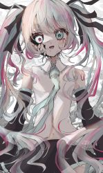 Rule 34 | 1girl, :d, absurdres, android, aqua necktie, bare shoulders, black ribbon, black skirt, blood, bloody tears, blouse, blue eyes, blush, collared shirt, commentary, cowboy shot, cracked skin, detached sleeves, gradient hair, grey hair, hair ribbon, hatsune miku, heterochromia, highres, kayon (touzoku), long hair, long sleeves, looking at viewer, miniskirt, multicolored hair, navel, necktie, number tattoo, open mouth, pink eyes, pink hair, ribbon, shirt, shoulder tattoo, skirt, smile, solo, tattoo, very long hair, vocaloid, white shirt