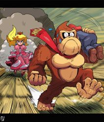Rule 34 | 1boy, 1girl, angry, blue eyes, crown, donkey kong, donkey kong (series), dress, earrings, fleeing, frown, gorilla, highres, jewelry, kidnapping, letterboxed, long hair, mario, mario (series), motion blur, necktie, nintendo, overalls, princess peach, running, shaded face, short sleeves, stoic seraphim, super smash bros.