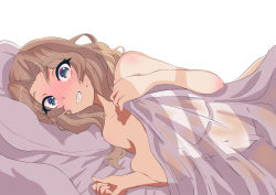 Rule 34 | 1girl, absurdres, bed, blonde hair, blue eyes, blush, breasts, collarbone, girls und panzer, grin, highres, kay (girls und panzer), large breasts, long hair, looking at viewer, lying, on bed, on side, simple background, smile, solo, sweat, tenpura32200, white background