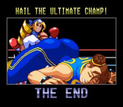Rule 34 | 2girls, ass, blonde hair, boxing gloves, breasts, brown hair, capcom, chun-li, drill hair, highres, large breasts, long hair, multiple girls, street fighter, street fighter zero (series), tiffany lords