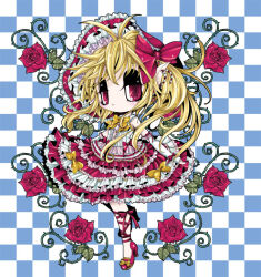 Rule 34 | 1girl, :&lt;, alternate costume, baku0633, bare shoulders, blonde hair, blue background, bow, bowtie, checkered background, chibi, closed mouth, detached sleeves, earrings, flandre scarlet, flower, full body, hair between eyes, hair bow, high heels, jewelry, layered skirt, leaf, leg ribbon, looking at viewer, medium hair, one side up, pointy ears, red bonnet, red bow, red eyes, red flower, red footwear, red ribbon, red rose, red skirt, ribbon, rose, shirt, simple background, skirt, sleeveless, sleeveless shirt, solo, thorns, touhou, white background, white shirt, yellow bow, yellow bowtie