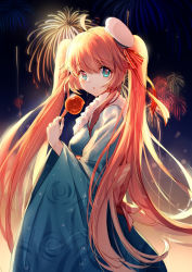 Rule 34 | 1girl, :o, aerial fireworks, ahoge, backlighting, bison cangshu, blue eyes, blue kimono, blush, bow, breasts, candy apple, commentary request, fireworks, food, from side, hair between eyes, hat, hat ribbon, japanese clothes, kimono, long hair, long sleeves, looking at viewer, medium breasts, mini hat, night, night sky, outdoors, parted lips, pink bow, pink hair, print kimono, red ribbon, ribbon, sky, solo, striped ribbon, taihou (warship girls r), twintails, very long hair, warship girls r, white hat, wide sleeves