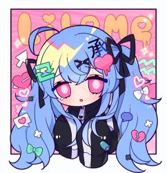Rule 34 | 1girl, :o, absurdres, ahoge, black jacket, black ribbon, blue hair, border, chibi, chibi only, crossed bangs, double-parted bangs, hair ornament, hair ribbon, hairclip, heart, heart hair ornament, highres, jacket, light blush, long hair, looking at viewer, original, outside border, pink background, pink eyes, ribbon, rmo, single tear, sleeves past fingers, sleeves past wrists, twintails, white border
