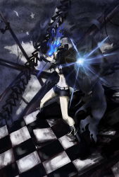 Rule 34 | 10s, 1girl, arm cannon, bikini, bikini top only, black bikini, black hair, black rock shooter, black rock shooter (character), blue eyes, boots, coat, flat chest, gloves, glowing, glowing eye, highres, katana, long hair, midriff, navel, shigure ame, solo, swimsuit, sword, twintails, weapon