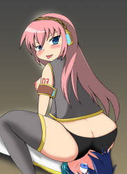 Rule 34 | ass, black panties, blue eyes, blue hair, blush, breasts, headset, kaito (vocaloid), long hair, megurine luka, nipples, panties, pink hair, sitting, sitting on face, sitting on person, thighhighs, tongue, underwear, very long hair, vocaloid, yukinojo