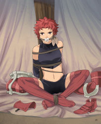 Rule 34 | 1girl, unworn armor, arms behind back, bdsm, belly, bike shorts, bondage, bound, bound ankles, bound arms, breasts, cleave gag, cloth gag, crop top, elbow sleeve, fire emblem, fire emblem awakening, gag, gagged, highres, improvised gag, looking at viewer, lost one zero, midriff, navel, nintendo, red eyes, red hair, red thighhighs, shoes, unworn shoes, short hair, sully (fire emblem), sweat, thighhighs, underwear