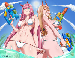 Rule 34 | 2girls, ass, bayeuxman, bikini, blue sky, breasts, cameltoe, chainsaw man, cleft of venus, cloud, collarbone, covered erect nipples, crossover, darling in the franxx, fang, fangs, from behind, gluteal fold, green eyes, hair between breasts, highres, horns, long hair, looking at viewer, multiple girls, navel, orange hair, outdoors, partially submerged, partially underwater shot, patreon username, pink hair, power (chainsaw man), red eyes, sharp teeth, sky, sun, swimsuit, teeth, tongue, tongue out, trait connection, underwater, wading, water gun, zero two (darling in the franxx)