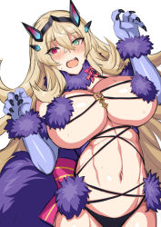 Rule 34 | 1girl, animal ears, bare shoulders, blonde hair, blue eyes, bow, breasts, cleavage, cosplay, elbow gloves, barghest (fate), fate/grand order, fate (series), fur-trimmed gloves, fur-trimmed legwear, fur collar, fur trim, gloves, hair between eyes, heterochromia, highres, horns, horosuke, lace, lace-trimmed legwear, lace trim, large breasts, long hair, looking at viewer, mash kyrielight, mash kyrielight (dangerous beast), mash kyrielight (dangerous beast) (cosplay), navel, o-ring, official alternate costume, open mouth, pink bow, purple gloves, purple legwear, red eyes, revealing clothes, solo, tail, wolf ears, wolf tail