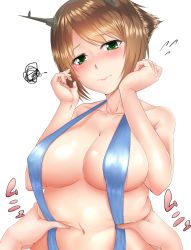 Rule 34 | 10s, 1girl, ajifurai, alternate costume, belly grab, blue one-piece swimsuit, breasts, brown hair, covered erect nipples, curvy, deep skin, embarrassed, fat, green eyes, hands on own face, highres, kantai collection, large breasts, mutsu (kancolle), navel, one-piece swimsuit, short hair, slingshot swimsuit, solo, swimsuit