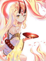 Rule 34 | 1girl, bare shoulders, blonde hair, blush, breasts, closed mouth, cup, facial mark, fate/grand order, fate (series), forehead mark, horns, ibaraki douji (fate), japanese clothes, kimono, long hair, looking at viewer, looking to the side, off shoulder, oni, oni horns, sakazuki, sitting, small breasts, smile, solo, toki (yoyobozi), very long hair, yellow kimono