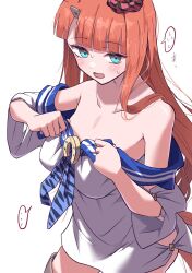 Rule 34 | 1girl, alternate costume, animal ears, bare shoulders, blue eyes, blush, breasts, collarbone, commentary request, cosplay, ear scrunchie, embarrassed, flat chest, hair ornament, hairclip, highres, hime cut, hishi amazon (umamusume), hishi amazon (umamusume) (cosplay), horse ears, horse tail, itosu200, long hair, looking at viewer, silence suzuka (umamusume), simple background, small breasts, solo, spoken sweatdrop, sweatdrop, tail, thighhighs, umamusume, white background