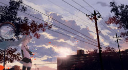 Rule 34 | 1girl, absurdres, backlighting, bare shoulders, black skirt, black thighhighs, blue hair, building, closed mouth, cloud, cloudy sky, cowboy shot, detached sleeves, closed eyes, hatsune miku, highres, jin yun, long hair, long sleeves, mirror, petals, pink clouds, pleated skirt, power lines, reflection, scenery, skirt, sky, smile, solo, standing, sunset, thighhighs, town, tree, twintails, utility pole, very long hair, vocaloid, zettai ryouiki
