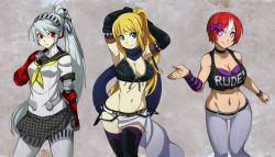 Rule 34 | + +, 3girls, android, arc system works, armpits, arms behind head, arms up, bare shoulders, blonde hair, blue eyes, blush, breasts, chuunioniika, cleavage, collage, contemporary, highres, joints, labrys (persona), large breasts, long hair, looking at viewer, midriff, multiple girls, navel, navel piercing, original, persona, persona 4: the ultimate in mayonaka arena, piercing, pleated skirt, ponytail, purple eyes, red eyes, red hair, robot joints, school uniform, serafuku, short hair, skirt, smile, standing, venus (lederhozen), very long hair, white hair