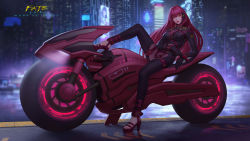 Rule 34 | 1girl, absurdres, bodysuit, chaos (pixiv3726393), cyberpunk, cyberpunk (series), cyberpunk 2077, fate/grand order, fate (series), full body, gun, highres, holding, holding weapon, long hair, looking at viewer, motor vehicle, motorcycle, on motorcycle, purple bodysuit, purple hair, red eyes, red hair, sandals, scathach (fate), solo, toes, weapon