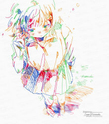 Rule 34 | 1girl, artist name, blush, closed mouth, colorful, commentary request, full body, hand up, hands in hair, highres, long sleeves, medium hair, original, partial commentary, pleated skirt, school uniform, shoes, sideways glance, simple background, skirt, standing, traditional media, watanabe tomari, watermark, white background