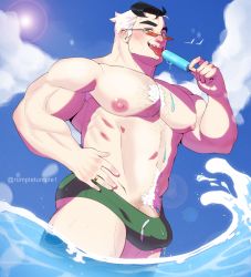 Rule 34 | 1boy, abs, absurdres, armpit hair, armpits, artist name, bara, black hair, blue eyes, blush, bulge, cloud, cloudy sky, erection, erection under clothes, fangs, feet out of frame, food, green male swimwear, green swim briefs, hairy, hand on own hip, highres, jewelry, large pectorals, looking at viewer, male focus, male pubic hair, male swimwear, male underwear, manly, mature male, multicolored hair, muscular, muscular male, navel, navel hair, nipples, no pants, original, outdoors, pectorals, popsicle, pubic hair, ring, rumple tumple, signature, sky, smirk, solo, sun, sunlight, swim briefs, swimsuit, teeth, thick arms, thick eyebrows, tongue, tongue out, topless male, two-tone hair, underwear, water, wet, white hair