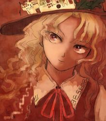 Rule 34 | 1girl, 3others, blonde hair, brown headwear, brown vest, collared shirt, commentary request, eyelashes, frilled hat, frills, hat, hat feather, jacket girl (dipp), katari, long hair, long sleeves, looking away, multiple others, portrait, red neckwear, red ribbon, ribbon, shirt, touhou, vest, wavy hair, white shirt