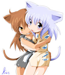 Rule 34 | 2girls, :d, animal ears, blush stickers, brown hair, cat ears, cat tail, character request, dress, grin, highres, hug, long hair, multiple girls, mutual hug, open mouth, orange eyes, original, purple eyes, purple hair, signature, smile, source request, tail, white background, yuumin