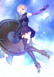 Rule 34 | 1girl, armor, armored boots, armored dress, armored legwear, bare shoulders, boobplate, boots, breastplate, cloud, commentary request, dutch angle, eyes visible through hair, fate/grand order, fate (series), full body, gloves, hair over one eye, high heel boots, high heels, highres, holding, holding shield, ike masato, light purple hair, looking at viewer, mash kyrielight, open mouth, outstretched arm, purple eyes, purple gloves, shield, short hair, sky, solo, tagme