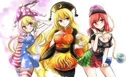 Rule 34 | 3girls, absurdres, aged up, american flag dress, american flag legwear, armpits, black shirt, blonde hair, breasts, chain, chinese clothes, cleavage, clothes writing, clownpiece, collar, earth (ornament), hat, headdress, hecatia lapislazuli, highres, hisin, jester cap, junko (touhou), long hair, moon (ornament), multicolored clothes, multicolored skirt, multiple girls, neck ruff, orange eyes, red eyes, red hair, shirt, skirt, smile, standing, tabard, thighhighs, thighs, torch, touhou, v, very long hair, white background, wide sleeves
