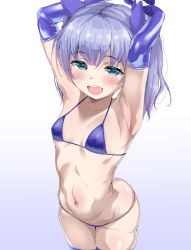 Rule 34 | 1girl, armpits, arms behind head, arms up, ass, bikini, blue bikini, blue bow, blue eyes, blue hair, blush, bow, breasts, cleavage, covered erect nipples, female focus, flat chest, gradient background, hair between eyes, hair bow, highres, looking at viewer, micro bikini, navel, nijisanji, open mouth, shoshika8888888, sidelocks, simple background, smile, smug, solo, stomach, swimsuit, twintails, virtual youtuber, yuuki chihiro