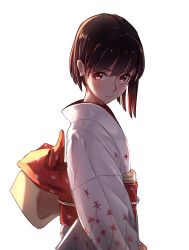 Rule 34 | 1girl, brown hair, earrings, japanese clothes, jewelry, kimono, looking at viewer, mole, mole under eye, obi, original, phantania, red eyes, sash, short hair, simple background, solo, torii, white background