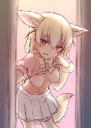 Rule 34 | 10s, 1girl, animal ears, blonde hair, blurry, blurry background, blush, bow, bowtie, breasts, brown eyes, clothes lift, cowboy shot, elbow gloves, fennec (kemono friends), fox ears, fox tail, fur trim, gloves, gogatsu unagi, hanging breasts, kemono friends, looking at viewer, nagami yuu, nipples, parted lips, perky breasts, pink shirt, shirt, shirt lift, short hair, short sleeves, skirt, small breasts, solo, tail, tareme, thighhighs, white skirt, yellow bow, yellow bowtie, zettai ryouiki