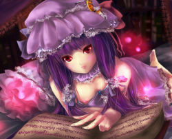 Rule 34 | 1girl, amano cigusa, bad id, bad pixiv id, bed, book, breasts, downblouse, female focus, glowing, medium breasts, nipple slip, nipples, patchouli knowledge, pillow, purple hair, red eyes, solo, touhou