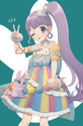 Rule 34 | 1girl, ;p, bad id, bad twitter id, bird hair ornament, blunt bangs, cowboy shot, detached collar, dress, group name, hair ornament, hand up, highres, long hair, looking at viewer, manaka non, notice lines, one eye closed, pretty series, pripara, purple eyes, purple hair, shiyurinpu, side ponytail, smile, solo, standing, star (symbol), star print, strapless, strapless dress, tongue, tongue out, v, very long hair, w