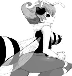 Rule 34 | 1girl, antennae, ass, bad id, bad pixiv id, bare shoulders, bee girl, breasts, capcom, greyscale, hizuki akira, arthropod girl, insect wings, large breasts, monochrome, monster girl, pantyhose, q-bee, short hair, skin tight, solo, stinger, vampire (game), wings