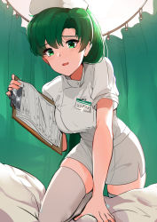 Rule 34 | 1girl, blush, breasts, clipboard, commentary, commentary request, curtains, fire emblem, fire emblem: the blazing blade, green eyes, green hair, hat, highres, hip focus, large breasts, long hair, looking at viewer, lyn (fire emblem), name tag, nintendo, nurse, nurse cap, open mouth, ormille, solo, thighhighs, thighs, white thighhighs, zettai ryouiki