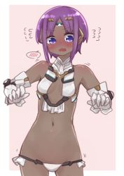 Rule 34 | 1girl, bare shoulders, bikini, blush, breasts, cowboy shot, dark-skinned female, dark skin, fate/prototype, fate/prototype: fragments of blue and silver, fate (series), flying sweatdrops, foreshortening, gloves, groin, hassan of serenity (fate), headpiece, highres, i.u.y, navel, nose blush, open mouth, parted bangs, pink background, purple eyes, purple hair, short hair, small breasts, solo, spoken blush, swimsuit, two-tone background, wavy mouth, white background, white bikini, white gloves
