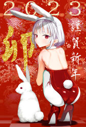 Rule 34 | 1girl, 2023, albino, animal ears, ass, back, breasts, chinese zodiac, fake animal ears, from behind, high heels, highres, leotard, looking at viewer, looking back, medium hair, nengajou, new year, original, playboy bunny, purple hair, rabbit ears, red eyes, red footwear, red leotard, shoes, small breasts, solo, squatting, thighhighs, white thighhighs, year of the rabbit, yoikorogashi