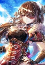 Rule 34 | 1girl, beidou (genshin impact), bird, blue sky, breasts, brown hair, chinese clothes, colored eyepatch, earrings, eyepatch, fingerless gloves, genshin impact, gloves, grin, hair ornament, hair stick, hand on own hip, highres, jewelry, large breasts, long hair, one eye covered, silverartmoon, sky, smile, solo, swept bangs, vision (genshin impact)