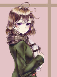 Rule 34 | 1girl, ahoge, bandaid, bandaid on face, blush, box, brown eyes, brown hair, crab, gift, gift box, green jacket, holding, holding gift, jacket, kantai collection, kurou (bcrow), long sleeves, oboro (kancolle), plaid, plaid scarf, scarf, simple background, smile, two-tone background, upper body